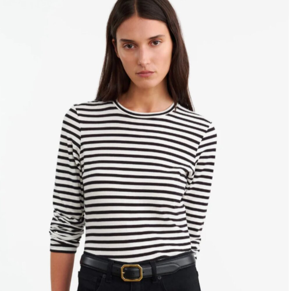 Nili Lotan Susana Long Sleeve Tee in Black/Ivory Stripe Size Large NWT